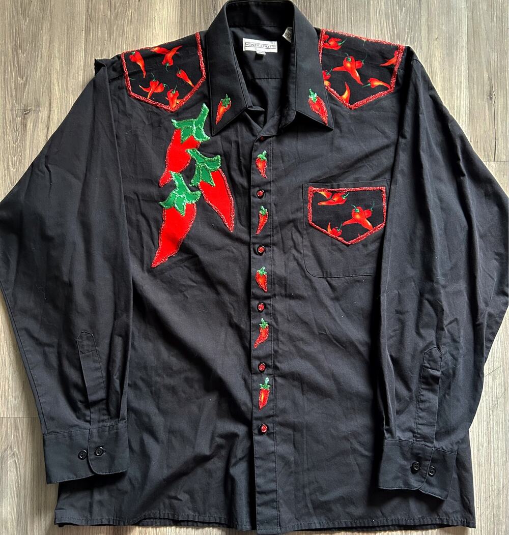VTNG Monti Cerutti Black & Red Glitter Chili Pepper Button Down Western Shirt XL
